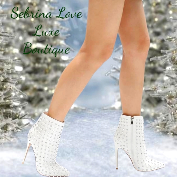 Sexy Edgy White Silver Spiked Ankle Boots - Picture 2 of 13